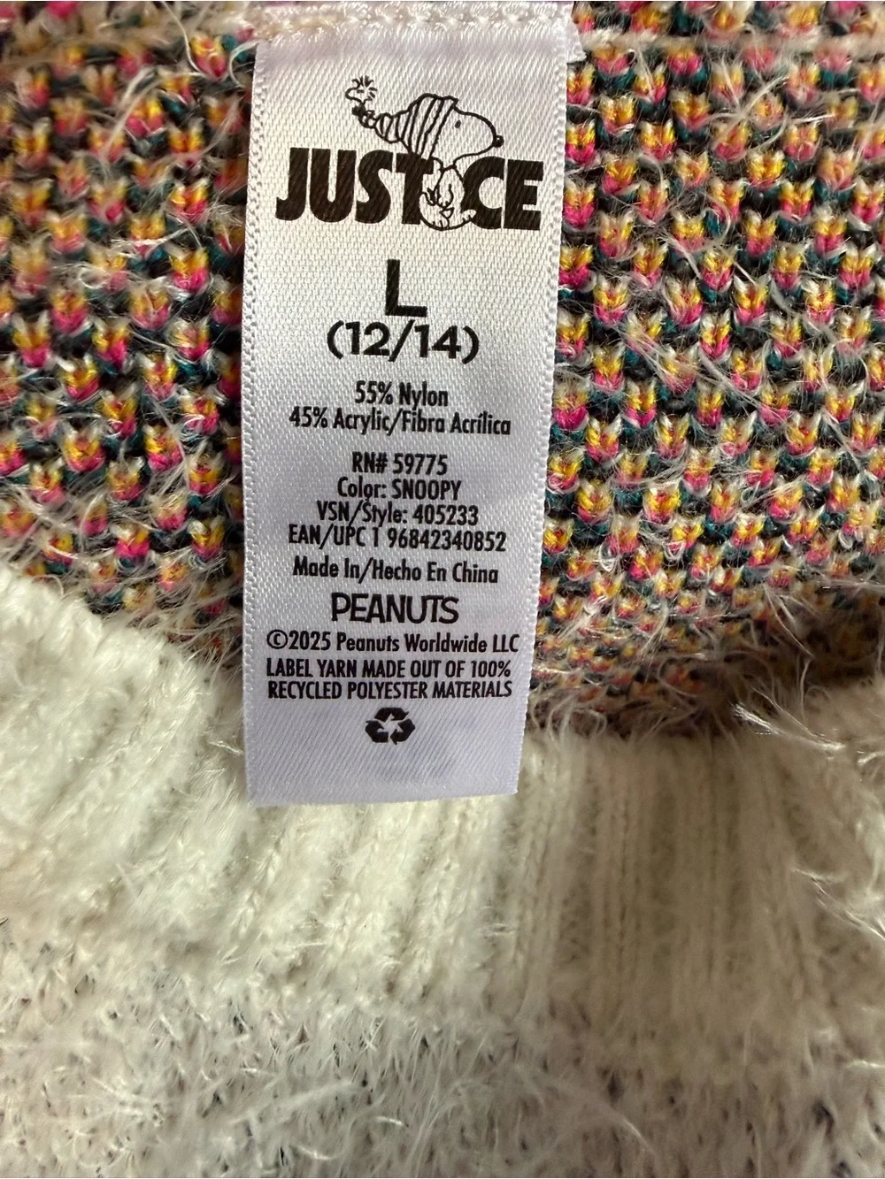 JUSTICE White Fuzzy Cartoon Snoopy Crewneck Sweater. Super soft!